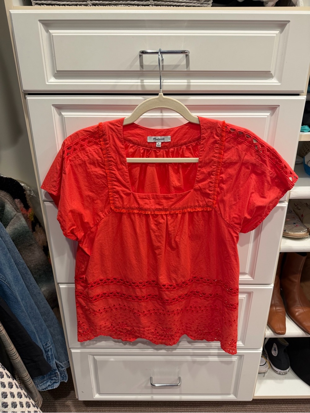 Madewell Bright Red Square-Neck Eyelet Cotton Blouse